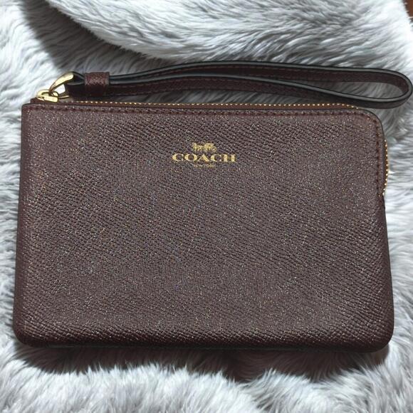 Coach Signature Wristlet Merlot Burgundy Glitter Clutch Wallet Pebbled‎ Leather - Picture 1 of 13